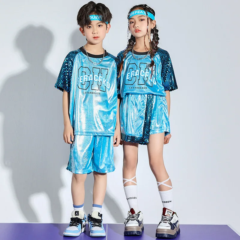 

Kid kpop Hip Hop Blue Sequined T Shirt Top Casual Summer Shorts Skirt Mini for Girls Boys Jazz Dance Costume Set Outfits Clothes