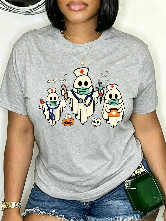 2026 Fashion New Women Round Neck T Shirt 100% Cotton Oversized Halloween Theme Ghost Nurse Pattern Print Funny Nursing Gift Ladies Daily Casual Basic Top Tee