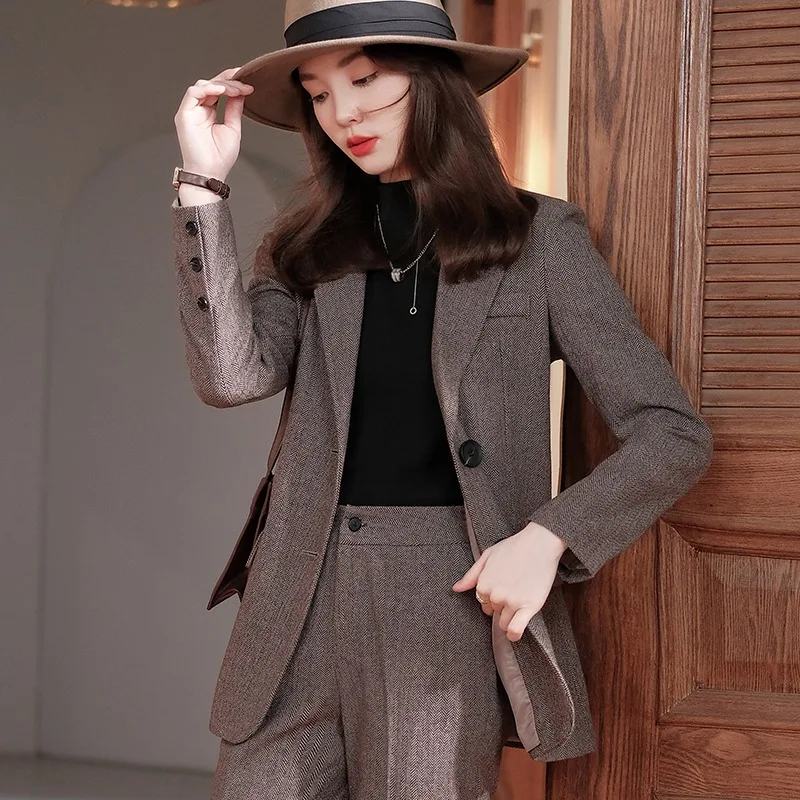 

Lnsozkdg Woman's British Style Woolen Suit Straight Pants Set Retro Casual Solid Color Single-breasted Wide-leg Two-piece Sets