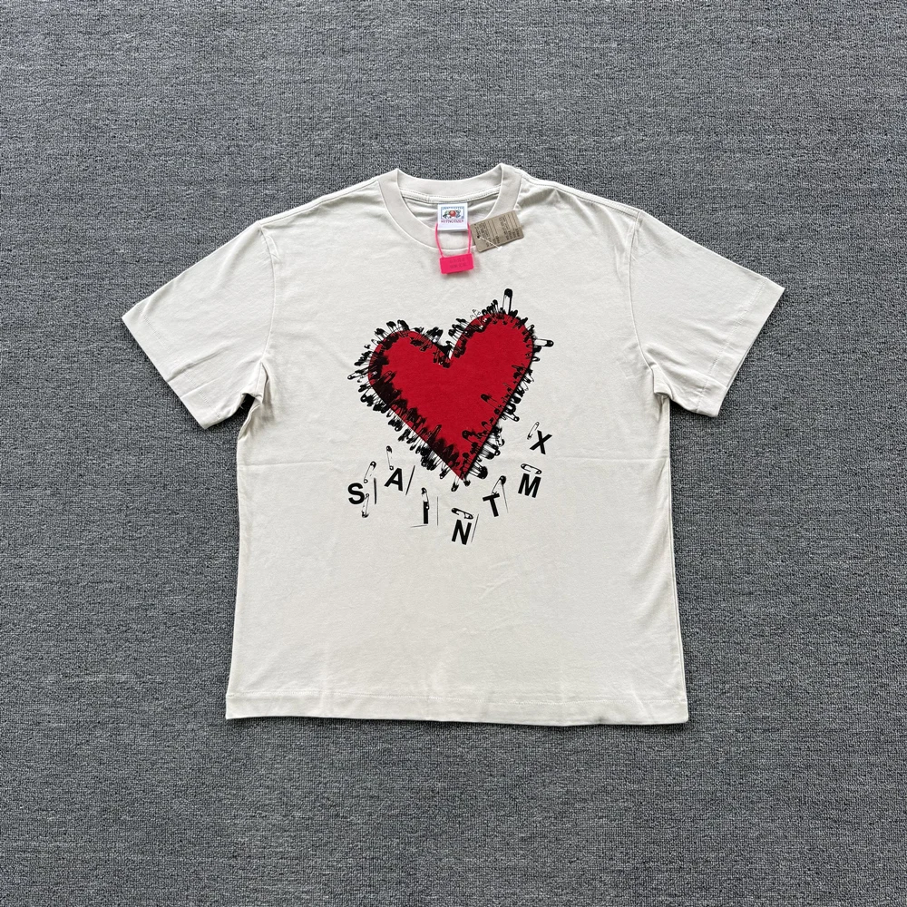 SAINT 1:1 High Quality Japanese Style LOVE Print Tee Summer Oversized Short Sleeves Tops 100%Cotton Loose Vintage T Shirt Men