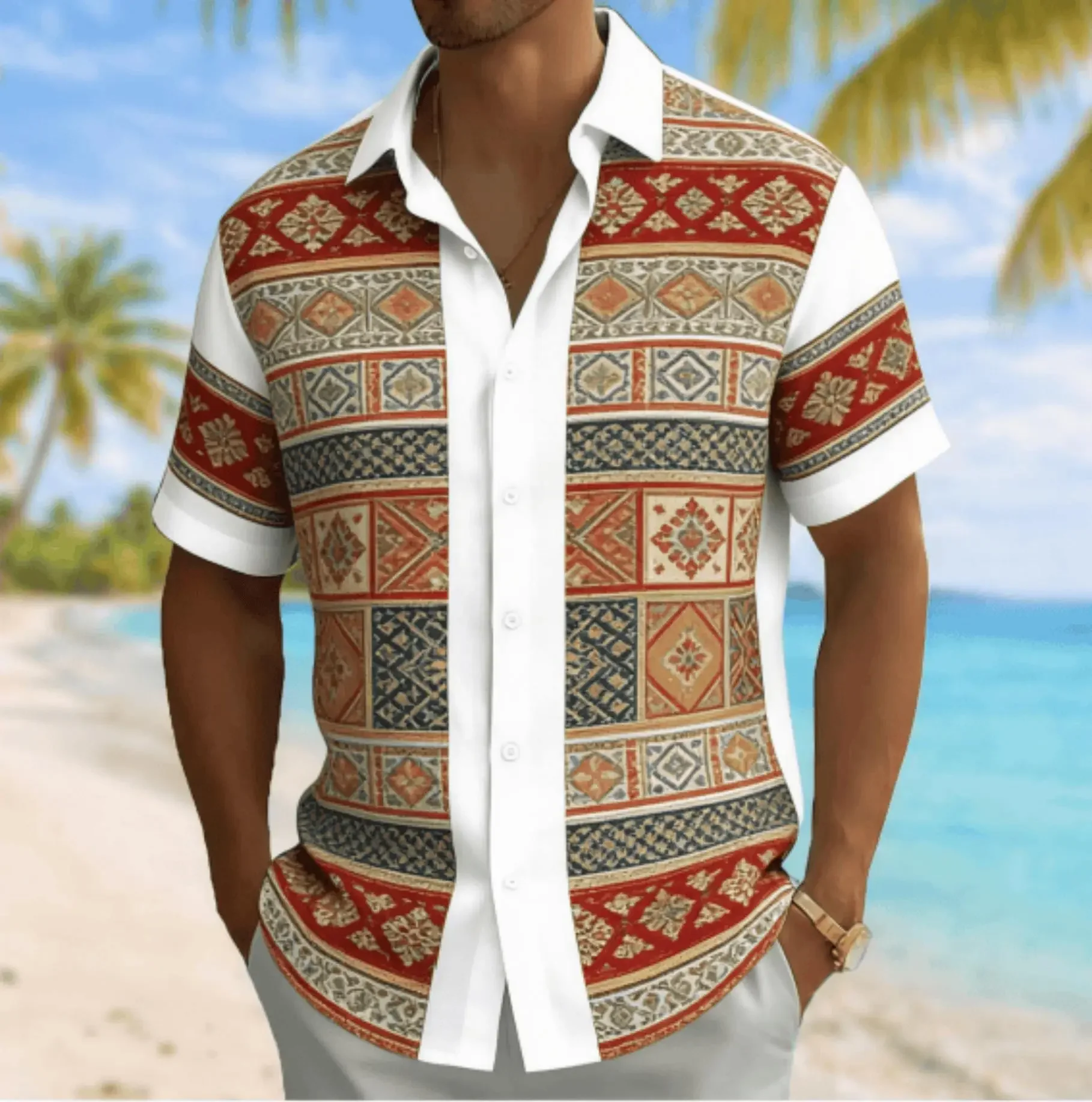 Men's Vintage Ethnic Patchwork Print Short Sleeve Shirt, Spring Summer Casual Vacation Turn-Down Collar Blouse, Loose Fit Top