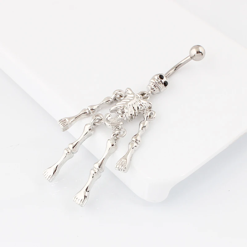 Body Skull belly button ring Skeleton body piercing jewelry Retail navel ring belly bar 14G 316L surgical steel bar