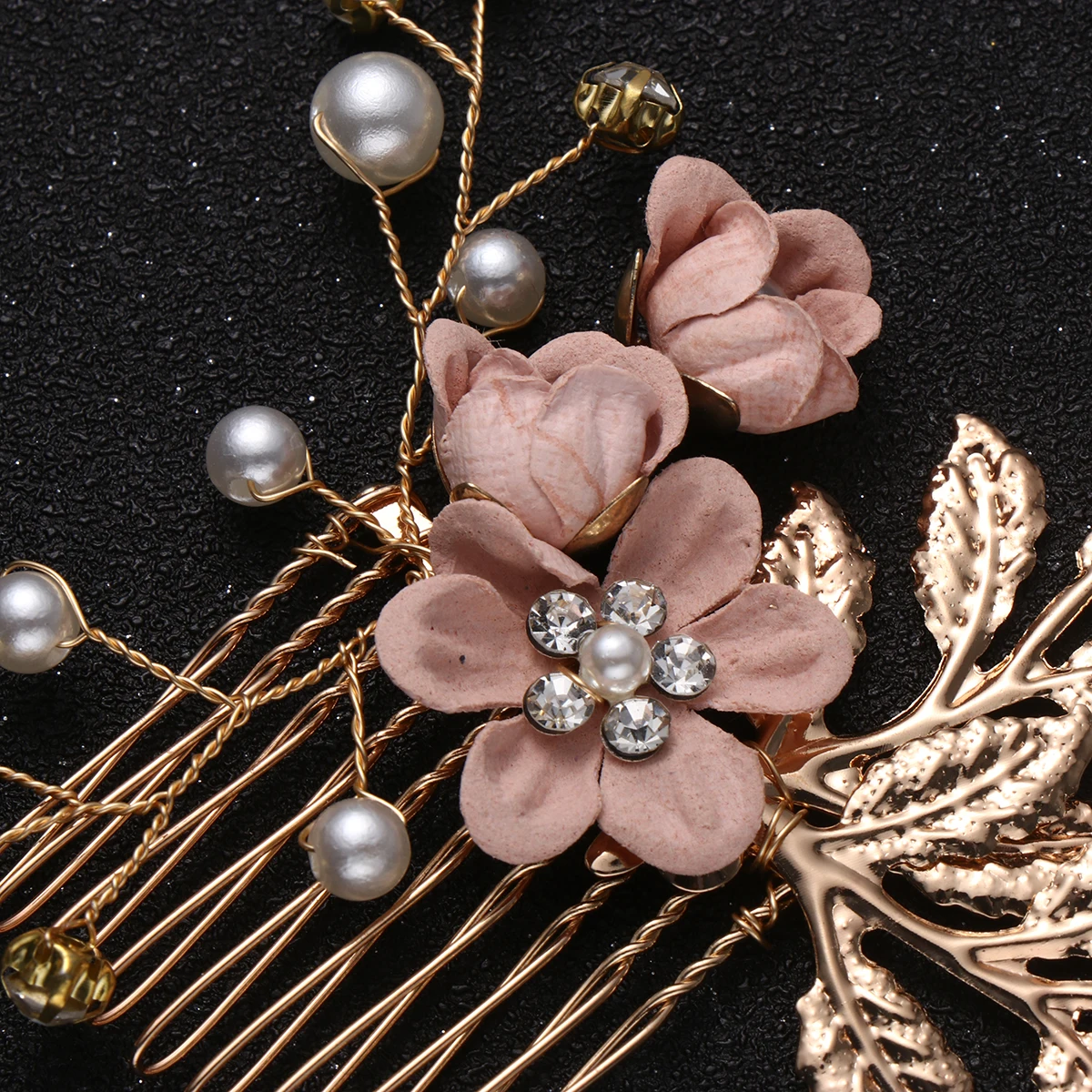 

Bridal Rhinestone Hair Comb Pink Floral Artificial Pearl Leaves Wedding Hair Accessory Bridesmaid Party Headpiece Elegant