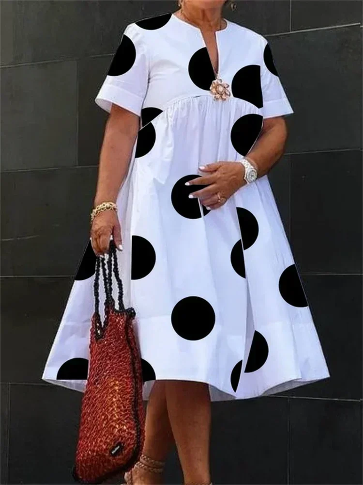 

Uoozee Women's Oversize Polka-Dot High Waist A-line Dress 2025 Summer Short Sleeves Pleated Elegant Party Evening Midi Dresses