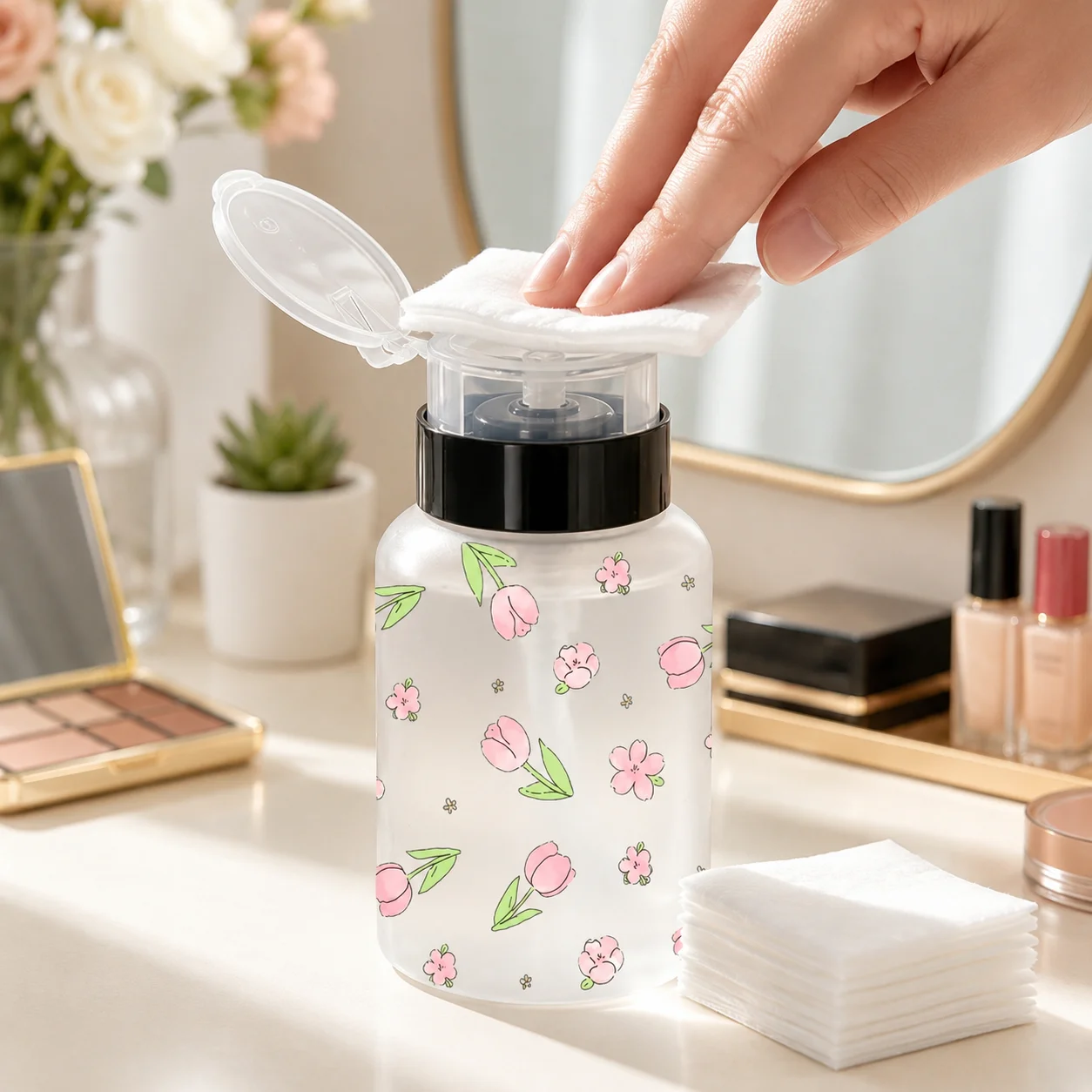 60/150/250ml Pink Floral Press Pump Bottle Refillable Toner Nail Remover Dispenser for Women Travel Salon Vanity Gift Toys