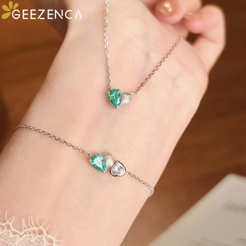 GEEZENCA Blue Tourmaline White CZ 925 Silver Heart Jewelry Sets With Earrings Ring Bracelet & Necklace Women Simple Dainty Gift