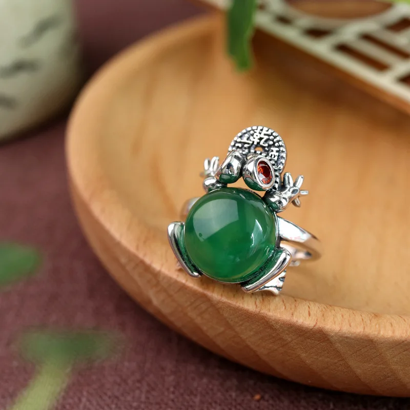 BOCAI New S925 Silver Jewelry Vintage Fashion Inlaid With Chalcedony Red Corundum Blue Sandstone Gold Toad Bite Money Ring