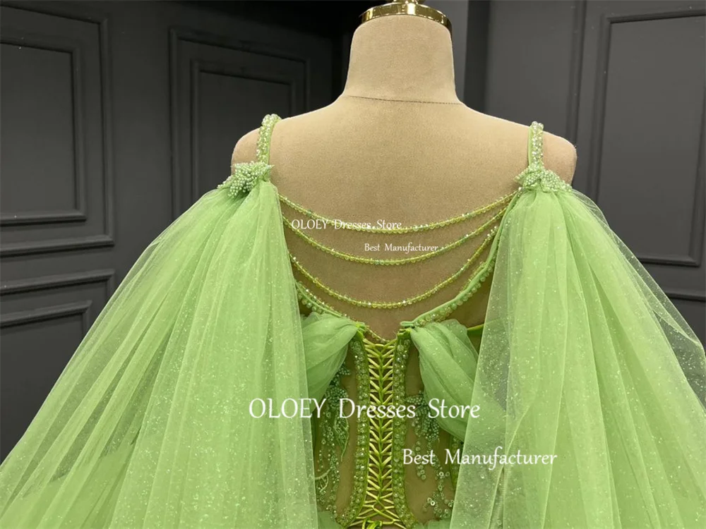 OLOEY Glitter Beads Green Quinceanera Dress Off Shoulder Wedding Dress Mexico 15 18 Ball Gown Spaghetti Strap Custom Court Train