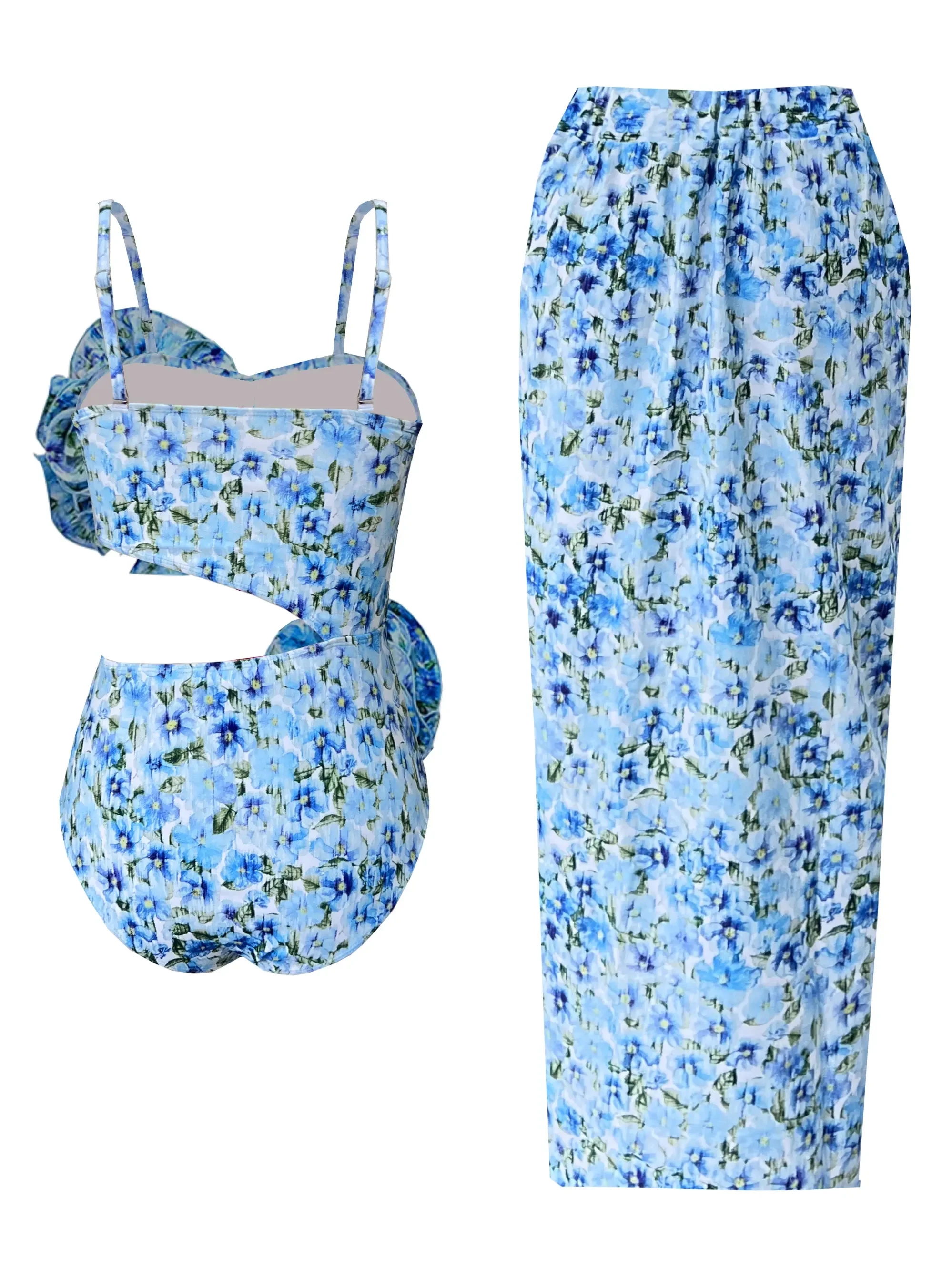 Traje de baño de una pieza con recortes de flores para mujer, conjunto de falda, traje de baño estampado para mujer, ropa de playa para vacaciones 2025