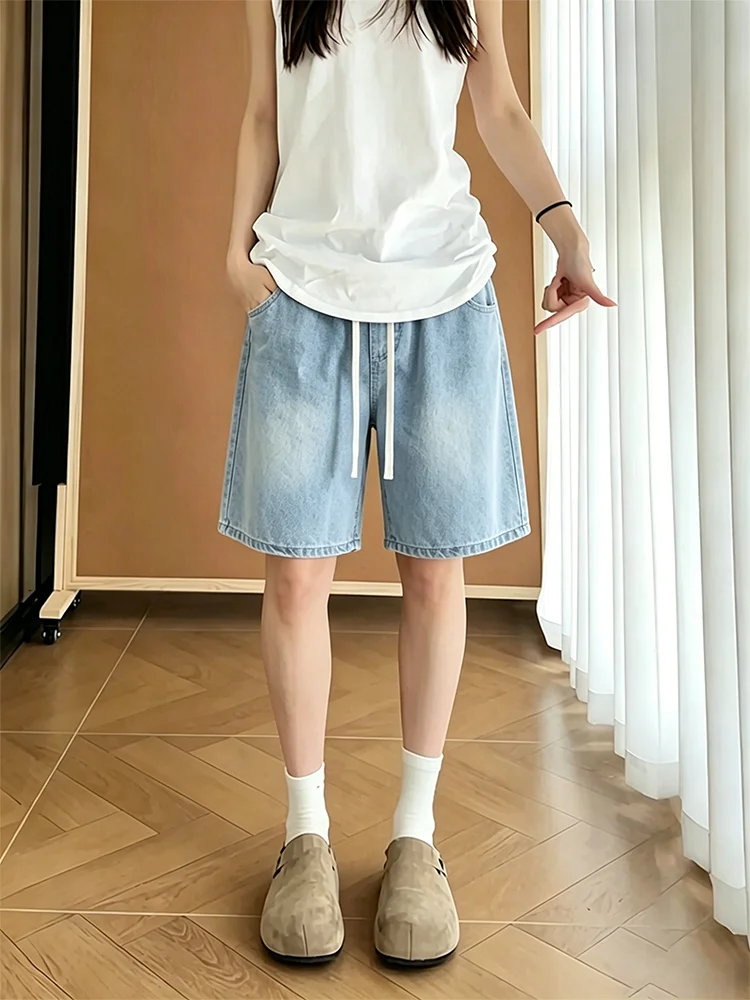 

Light Blue Ice Silk Drawstring Waist Shorts Men's Summer Thin American Style Five-Point CleanFit Pants Casual Loose Fit