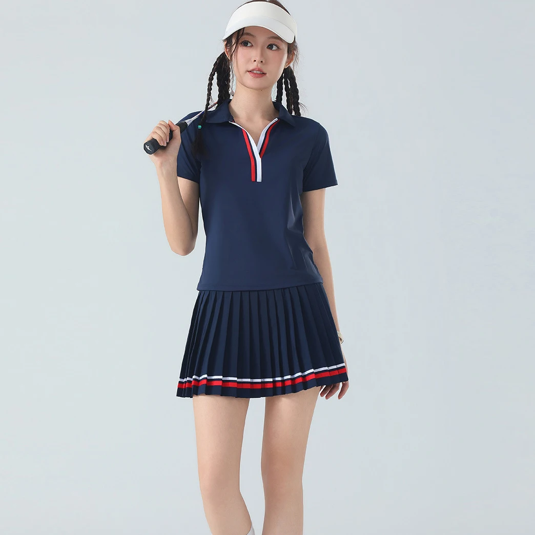 Women's Short Sleeve Skort Set Quick Dry Breathable Pleated Tennis Golf Running Workout Athletic Outfit
