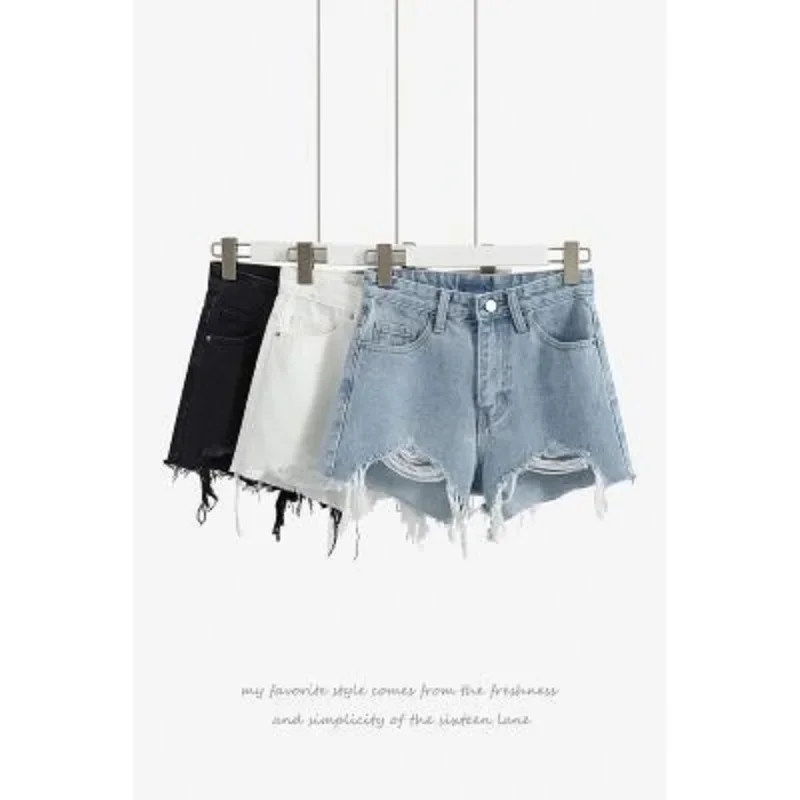 Korean Fashion Summer Shorts Women Hole High Waist Short Jeans Burrs Female Build A Word Torn Wide-Legged Short Pants Streetwear