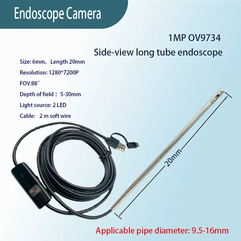 

1 МП, 6 мм, длинная трубка с боковым видом, эндоскоп FOV 88 ° Макро-USB-эндоскоп с мягкой проволокой, подходящий для проверки промышленного трубопровода