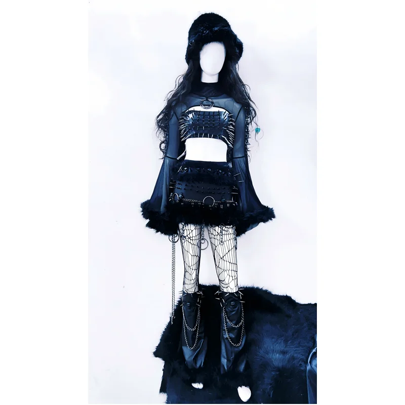 오리지널 디자인 블랙 플레어 슬리브 여성 탑 펑크 다크 록 리벳 핫 걸 헤어리 엣지 숏 스커트 퍼포먼스 세트 여성용
