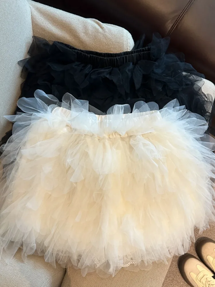 Princess Style Half-length Puffy Tulle Skirt with Feather Sensation for Women Summer Ballet Style Cake Skirt with Inner