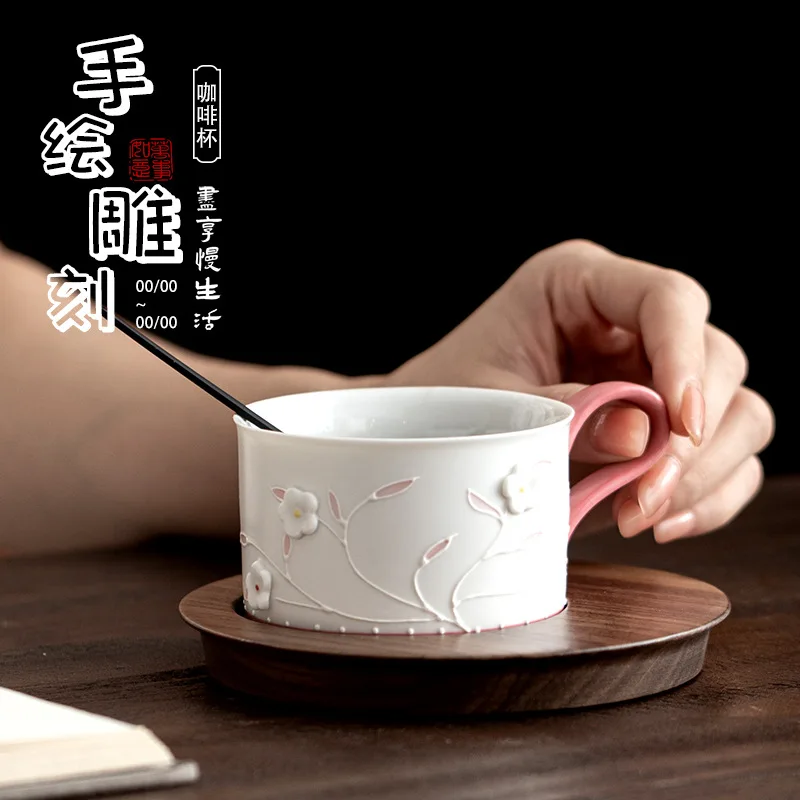 

Hand-painted Relief Coffee Cup Ceramic Pinch Flower Mug Home Office Afternoon Tea Coaster Set Gift for Women Teacup Mug
