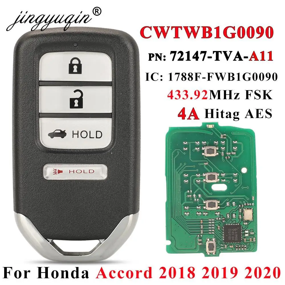 

jingyuqin 433.92MHz 4A CWTWB1G0090 Remote Car Key Fob for Honda Accord 2018 2019 2020 72147-TVA-A11 4Button Keyless Replacement