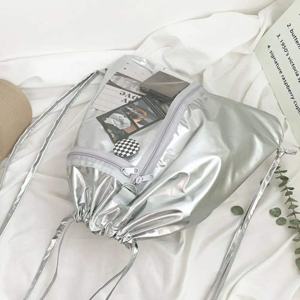 Transparent Pocket Drawstring Backpack Silver PU Large Capacity Korean Style Itabag Fashion Design Handheld Bag Shoulder Bag