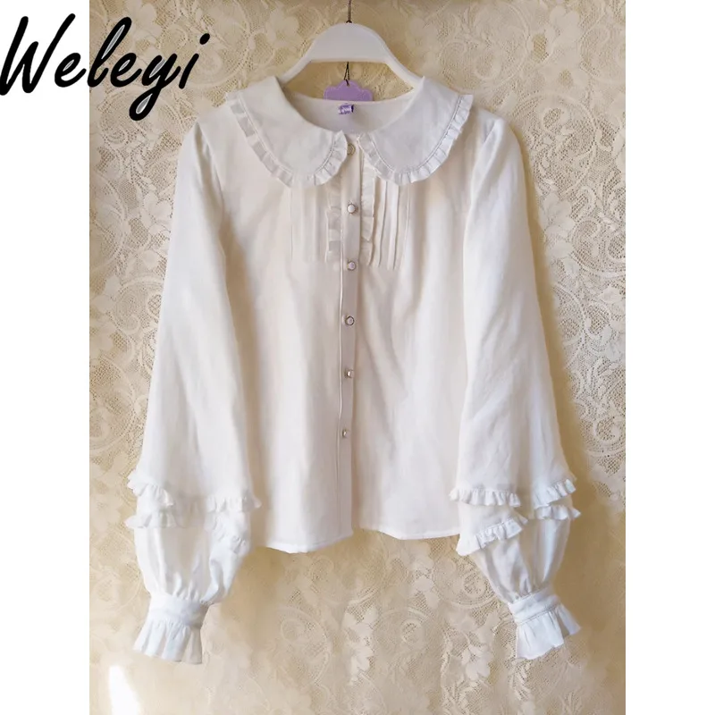 Lolita Women Ruffle Edge Tops Jirai Kei Blouse Original Spring Autumn New Sweet Round Neck Doll Collar Lapel Long Sleeve Tops