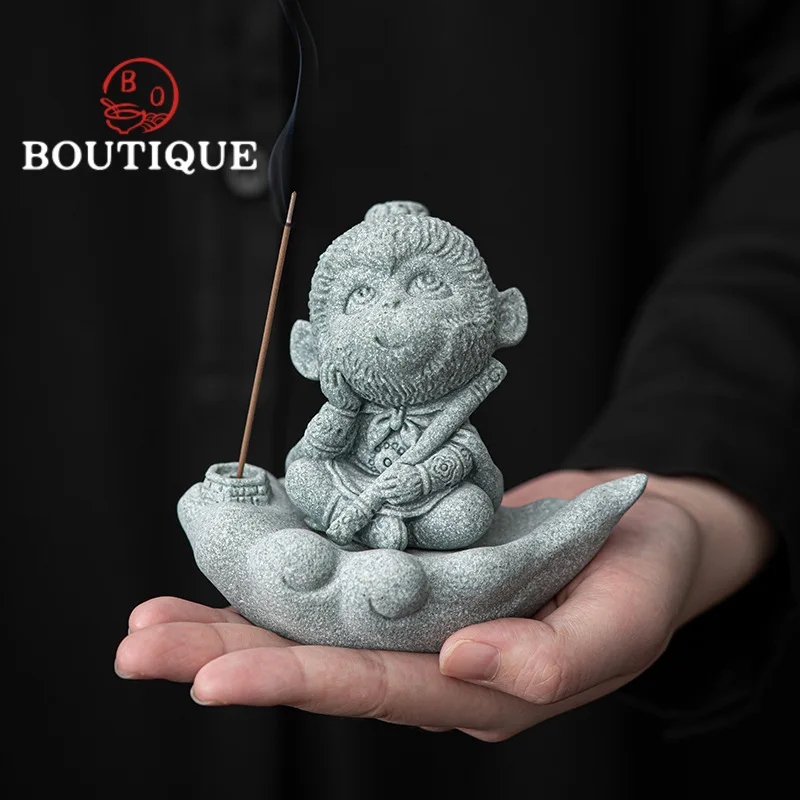 Creative Blue Sandstone Desktop Tea Pet Small Ornaments Zen Wukong Fragrance Insertion Teapot Cover Holder Tea Furniture Crafts