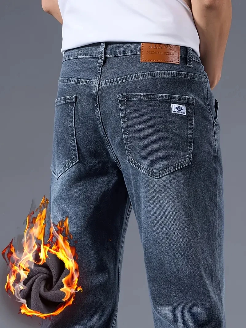 Jeans casual da lavoro elasticizzati spessi foderati in pile caldo invernale da uomo Pantaloni leggeri per ufficio e abbigliamento quotidiano