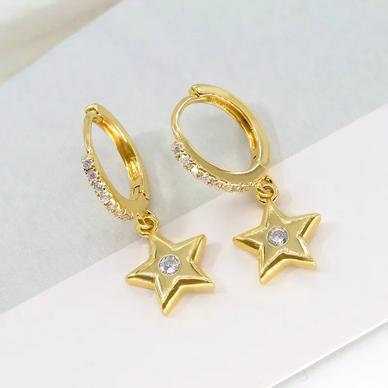 Brass Drop Moon & Star Earrings for Women Jewelry Micro Set Zircon Simple Christmas Earrings Personality Accessories