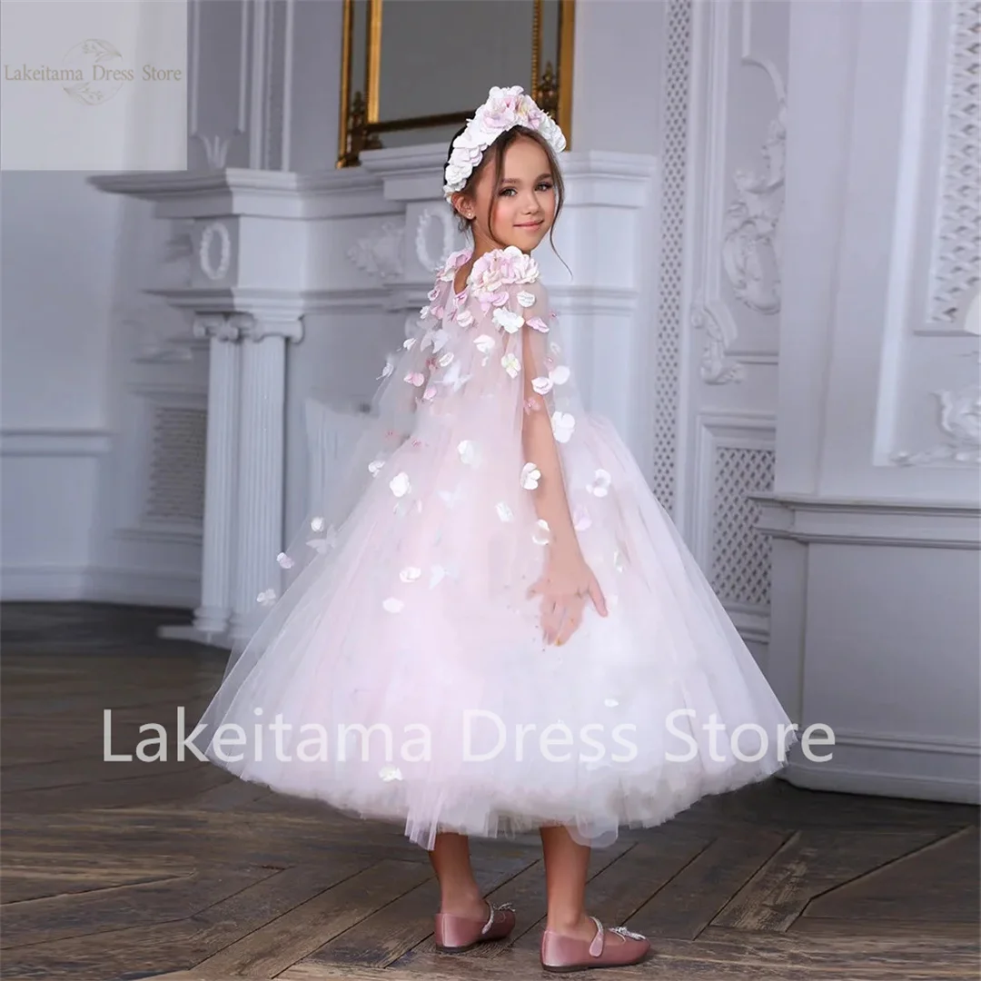 Puffy Tulle Flower Girl Dress For Wedding 3d Applique Kid White Sleeveless Kids Birthday Party Beauty Pageant Ball Gowns