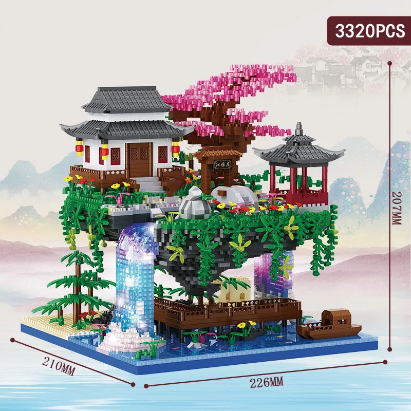 Mountain Forest Architecture Micro Daimond Block Peach Blossom Pool Building Brick Toy Assemble Nanobrick Collection With Light