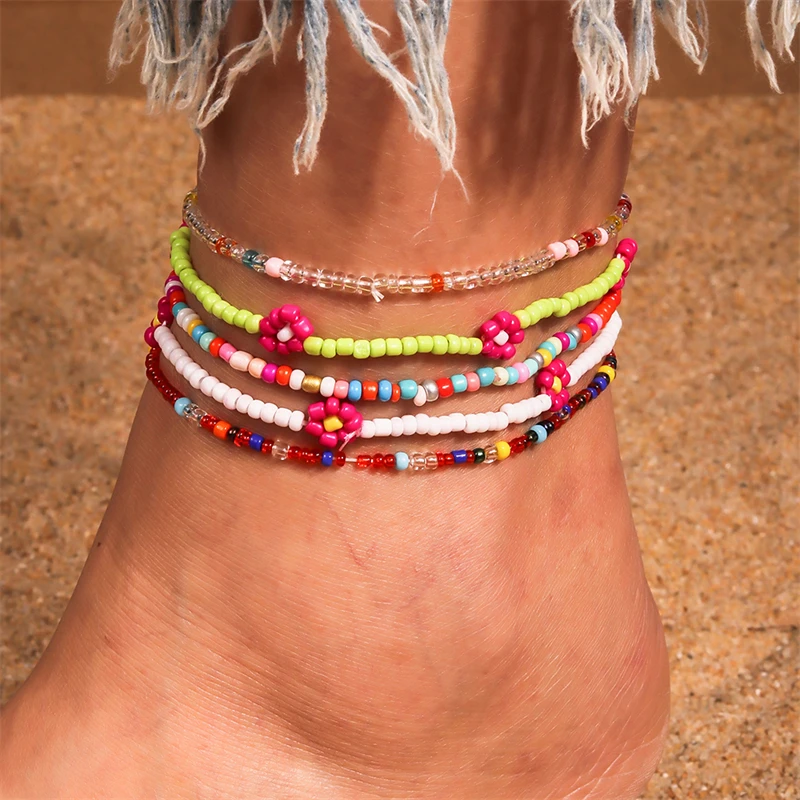5 Teile/satz Mode Handgemachte Blume Perlen Fußkettchen für Frauen Sommer Strand Ankle Armbänder Fuß Bein Kette Mädchen Urlaub Schmuck Geschenke – Detail 1