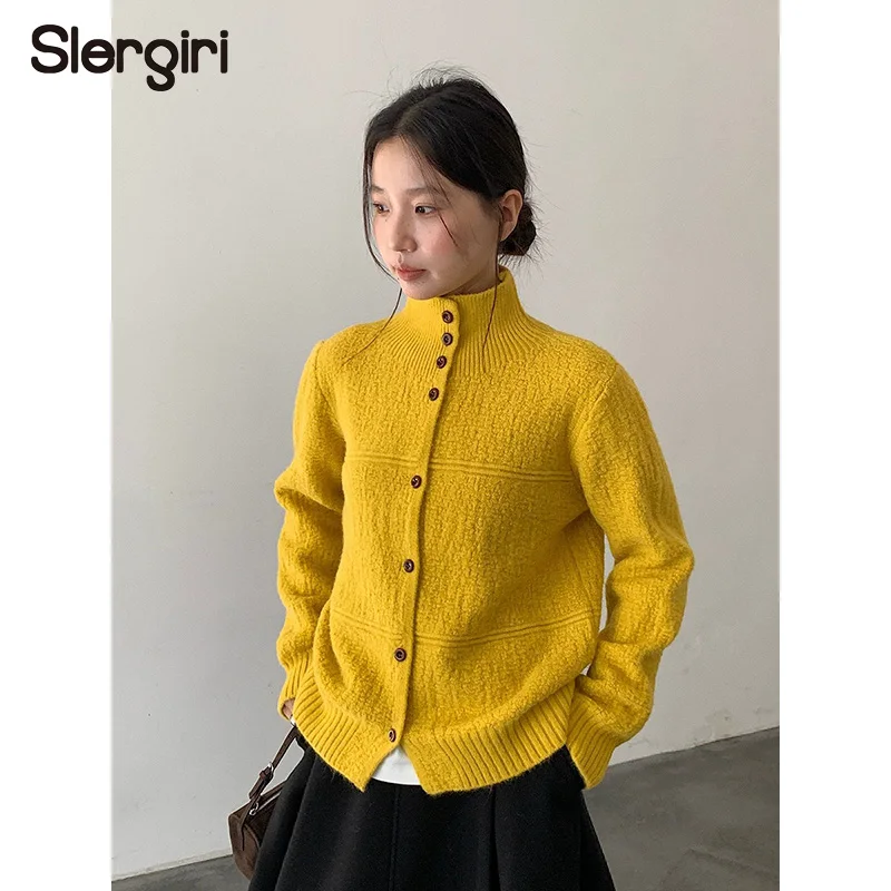 

Slergiri Single-breasted Stand Collar Cardigan Women Fashion New 2026 Autumn Winter Solid Color Matching Knitted Sweater Coat