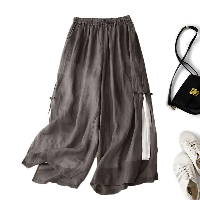Women Casual Cotton Linen Trousers Gray High Waist Elastic Wide Leg Ankle Length Pants With Lining