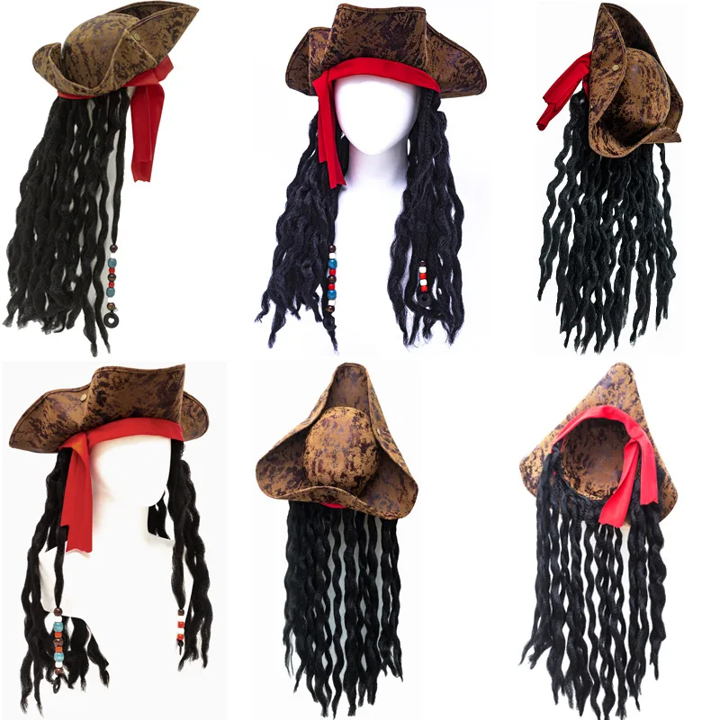 Sombrero de pirata Caribeño para adultos, Cosplay de capitán Jack, peluca para fiesta, accesorios de disfraz de actuación