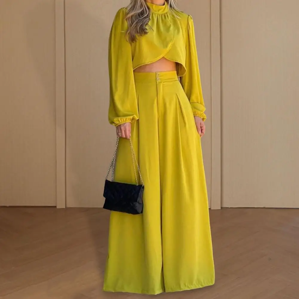 Stand-up Collar Shirt Chic Women's Stand Collar Pleated Top Wide Leg Pants Set For Stylish Ol Commute Outfit Elegant Long Sleeve