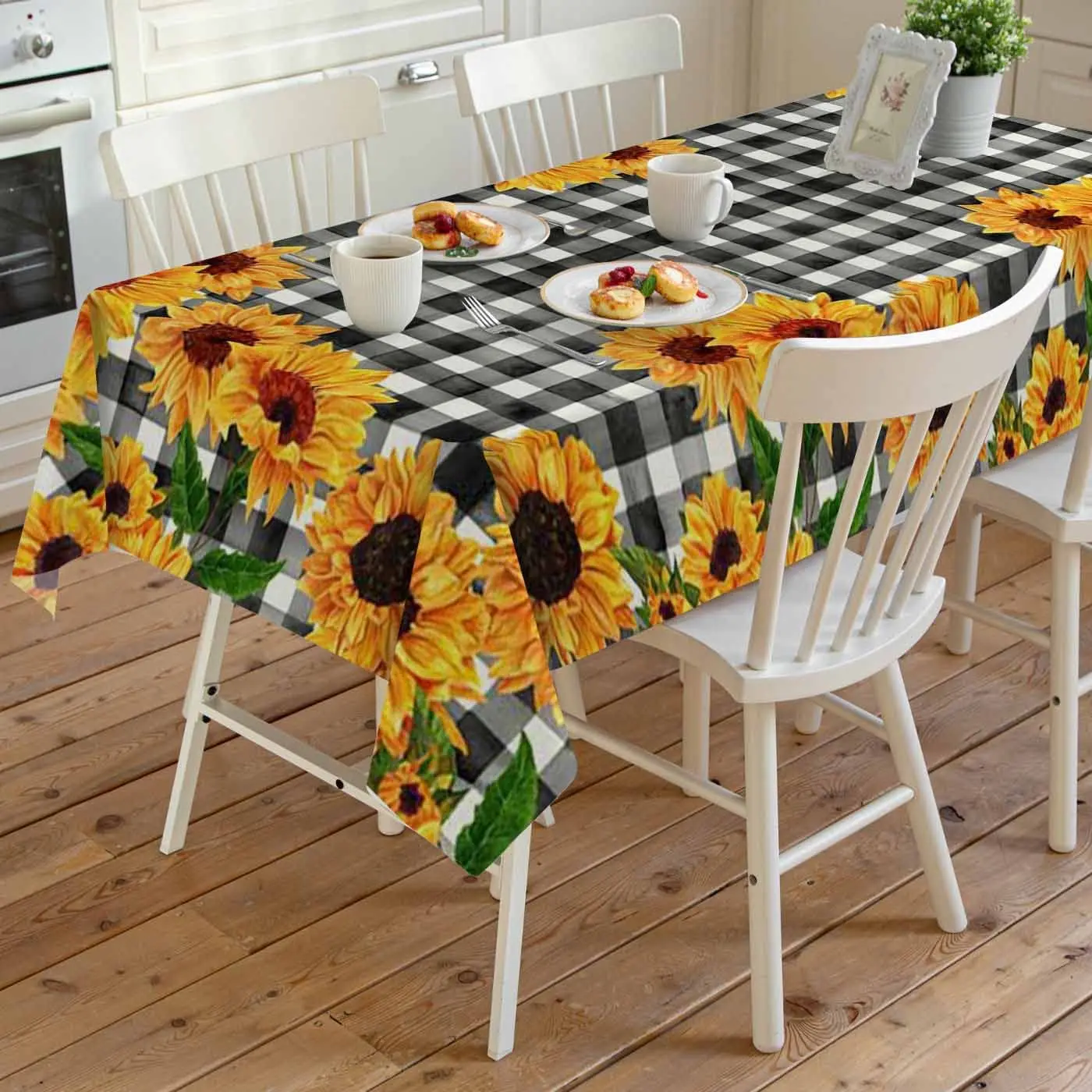 Sunflower Black Plaid Rectangle Tablecloths Holiday Party Decoration Waterproof Wrinkle-Resistant Tablecloth for Wedding Decor