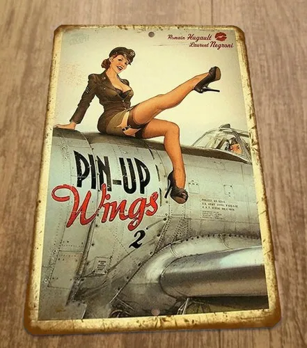 Romain Hugault Airplane Vintage Look Pin Up Wings Girl  Metal Wall Sign