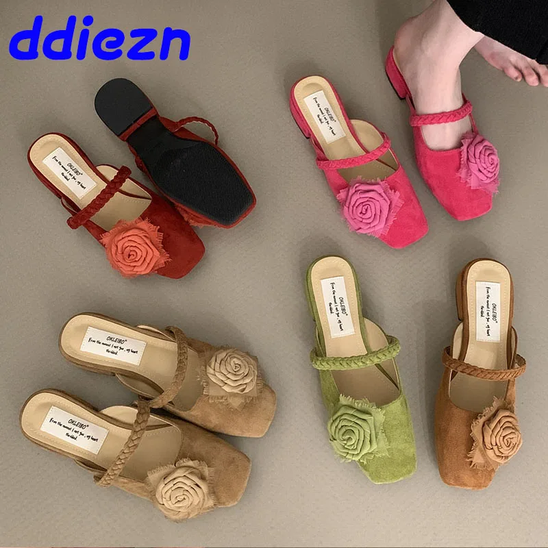 Female Slip On Footwear Shallow Ladies Slides Slippers Shoes Mules Fashion Flower Slippers Women Low Heel Shoes 2024 New