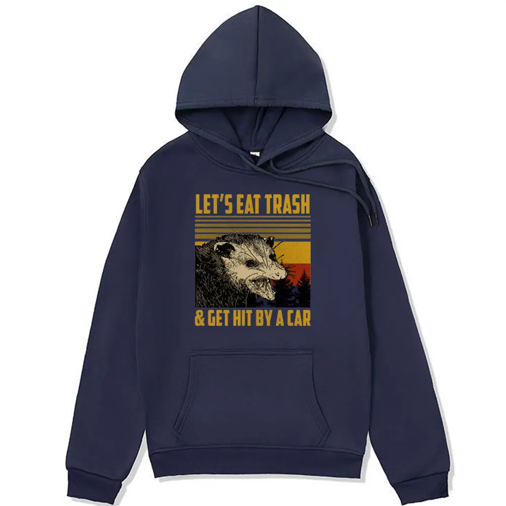Funny Let's Eat Trash and Get Hit By A Car Vintage Opossum Graphic Hoodie Men Women's Raccoon Cartoon Sweatshirts Fleece Hoodies