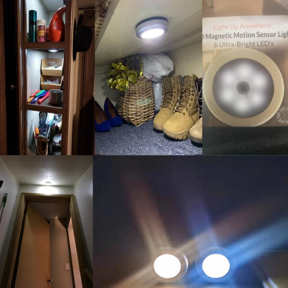 Lampu malam di bawah lemari kabinet, lampu dinding Led bulat Sensor sentuh lampu baca samping tempat tidur untuk dapur kamar tidur 6Led