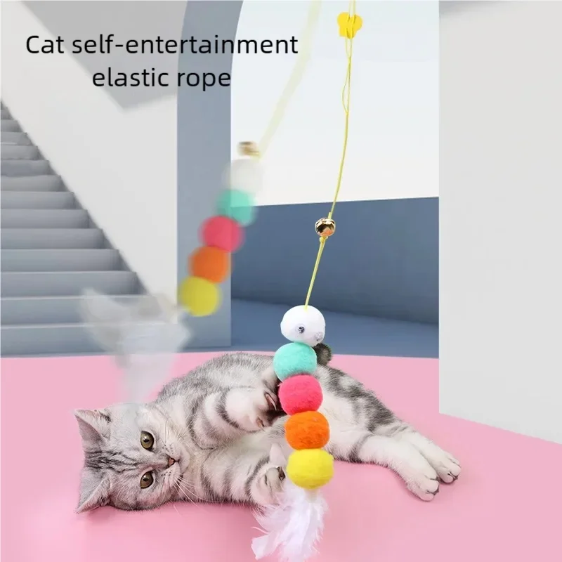 Interactive Hanging Cat Stick Random Feather Design Elastic Rope Hanging Door Toy Funny Play Supplies For Cats And Dogs