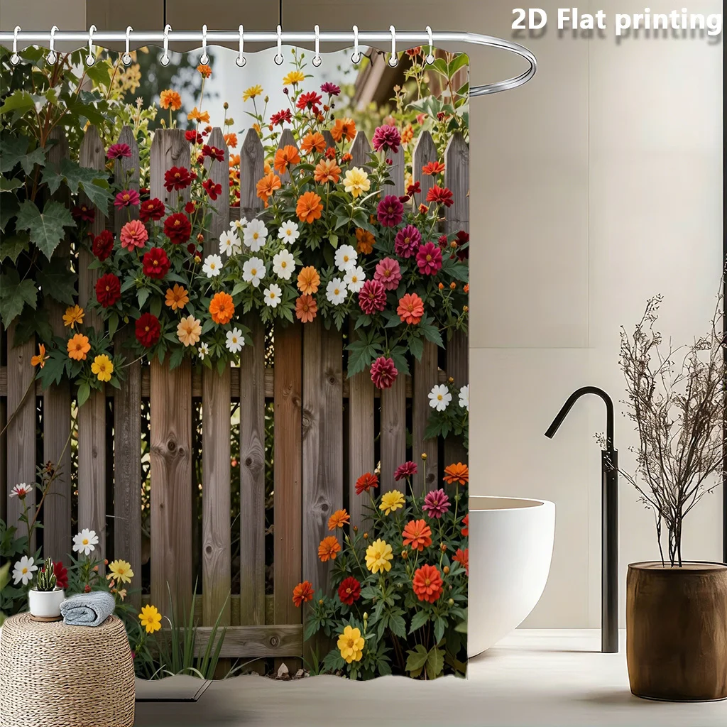 2D Flat, 2D Flat, 1pc 2D Flat Printed Shower Curtain Featuring a Vibrant Floral Design on a Wooden Fence, Ideal for Different Se