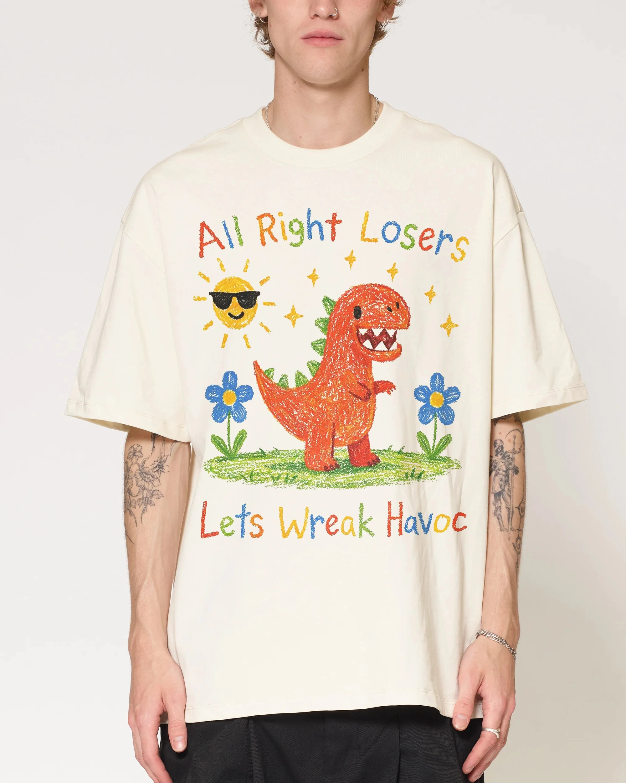 All Right Losers Lets Wreak Havoc Crayon Dinosaur T-Shirt Cotton Men's and Women's Short Sleeve Cute Hand Drawn Dino Graphic Tee