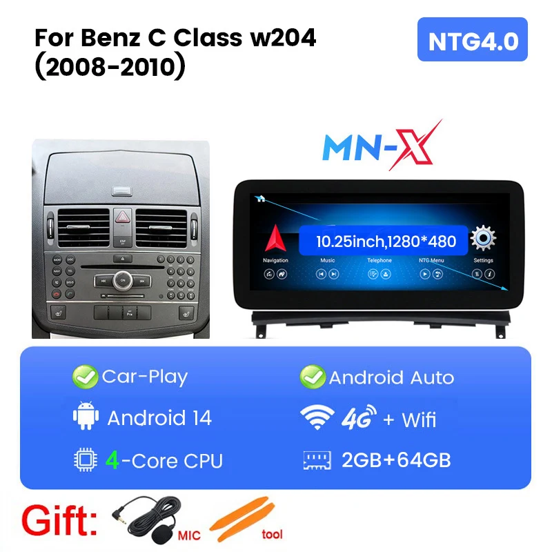 Android 14 Autoradio Carplay Voor Mercedes-Benz C-Klasse W204 S204 C200 C260 C300 2008-2010 navigatie GPS Multimedia Video Player