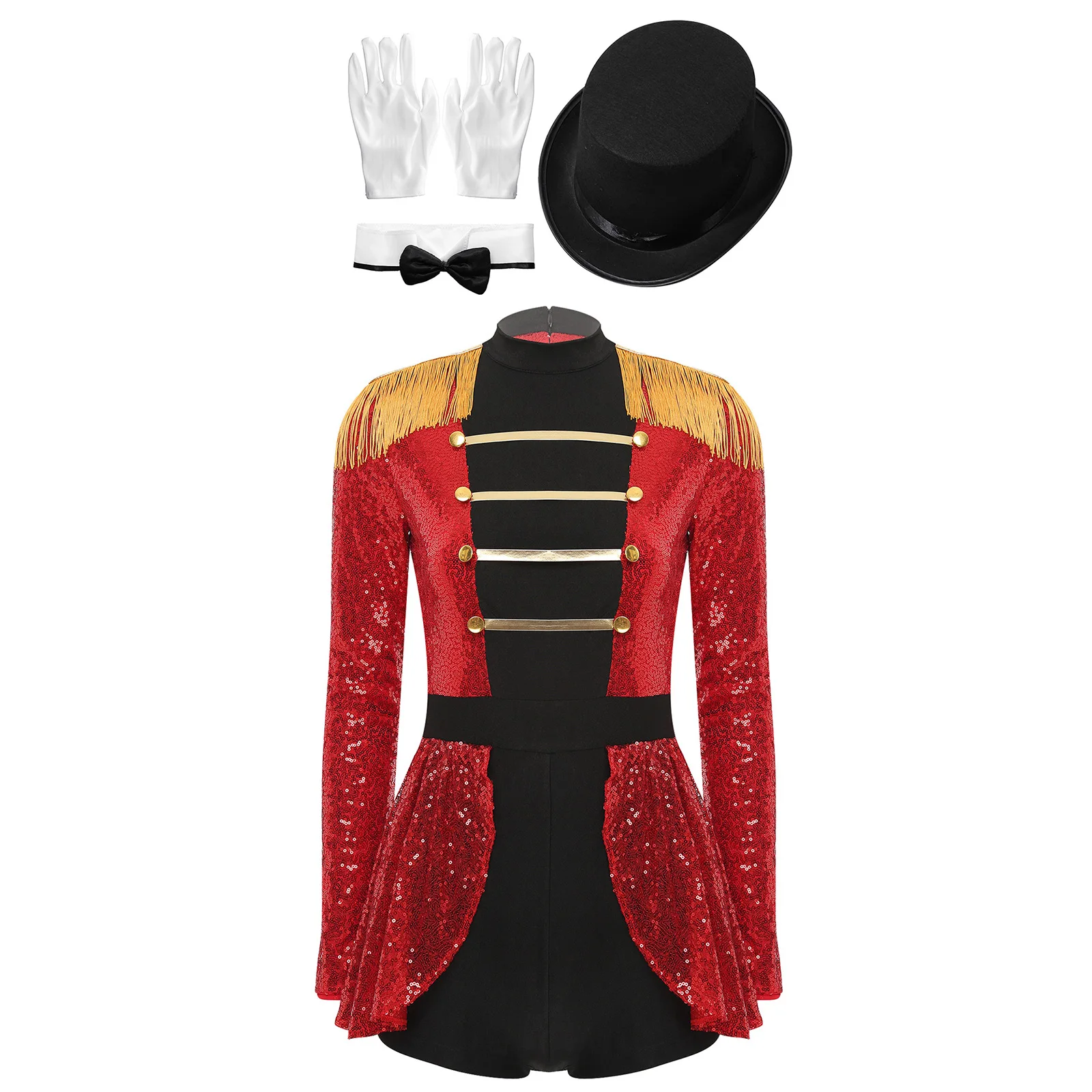 

Womens Halloween Carnival Party Jumpsuit Circus Ringmaster Showman Cosplay Costume Sequin Tassel Bodysuit with Gloves Hat Set