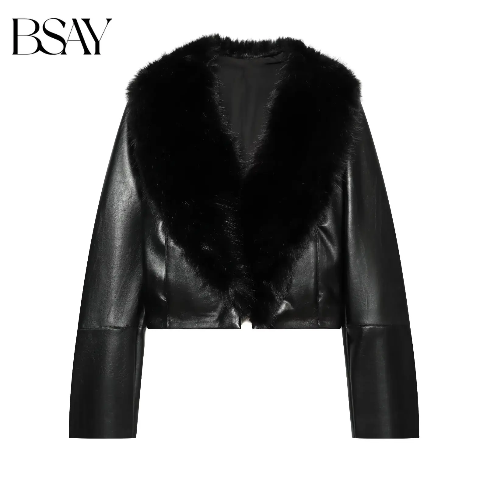 BSAY 2026 Women Fashion Faux PU Leather Cropped Jacket Fluffy Wide Shawl Lapel Collar Long Sleeve Solid Black Winter Outerwear