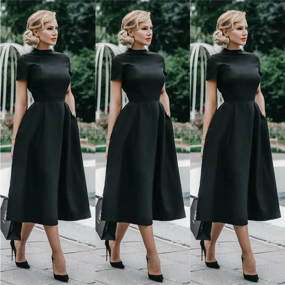 Women Elegant Black Dress Half High Collar High Waist A-Line Dresses Slim Fit Midi Dress Office Lady Female Solid Vestidos Robe