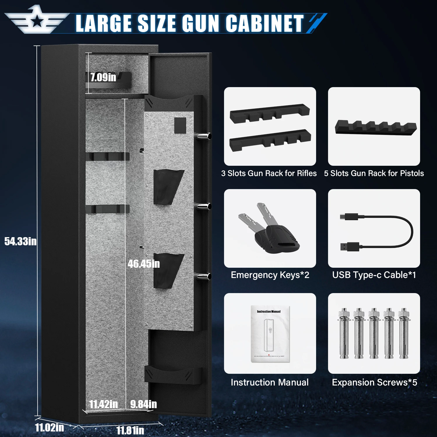 Assento para armas biométrico de impressão digital Kavey, armários para armas de acesso rápido com luz LED, rack para armas ajustável e prateleira removível