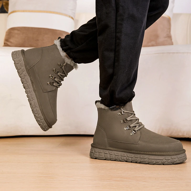 

Men Winter Plush Snow Boots Men's Lace-Up High Top Shoes Leather Casual Shoes for Man Retro Motorcycle Boots Male Ankle Botas