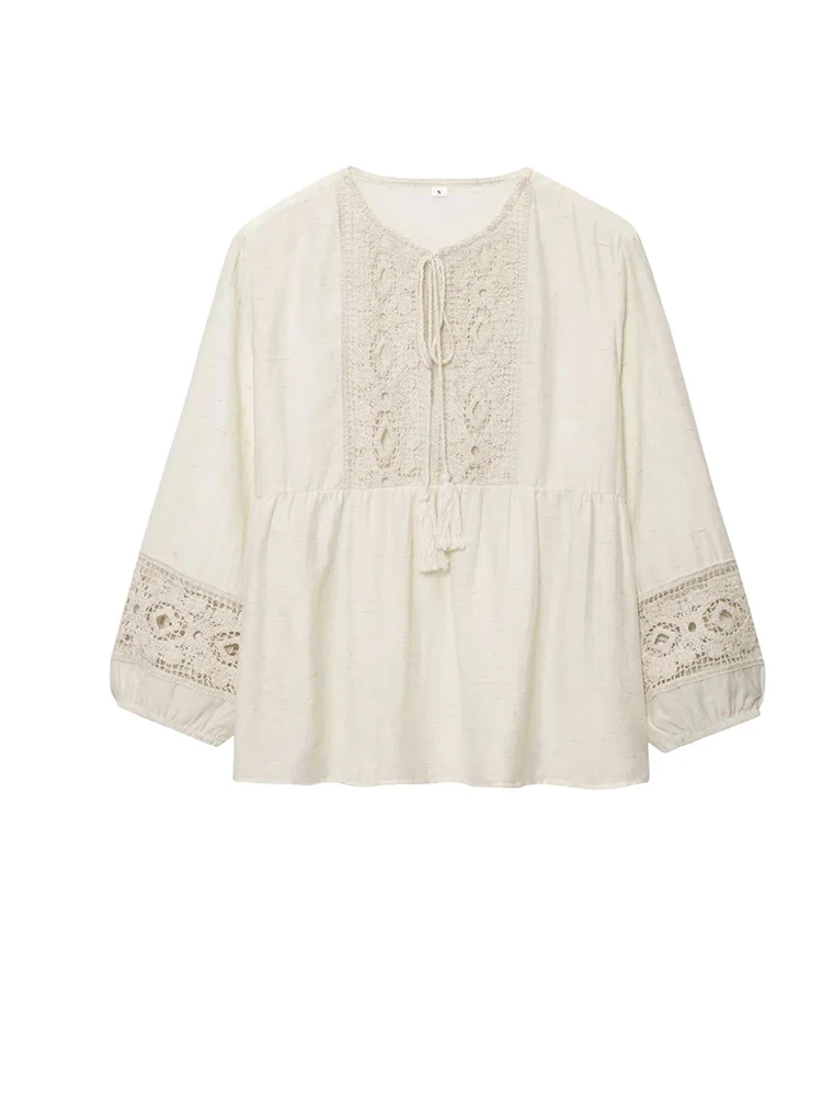 

Women Crochet Spliced Blouses Summer Lace Up V-neck Shirts Tops
