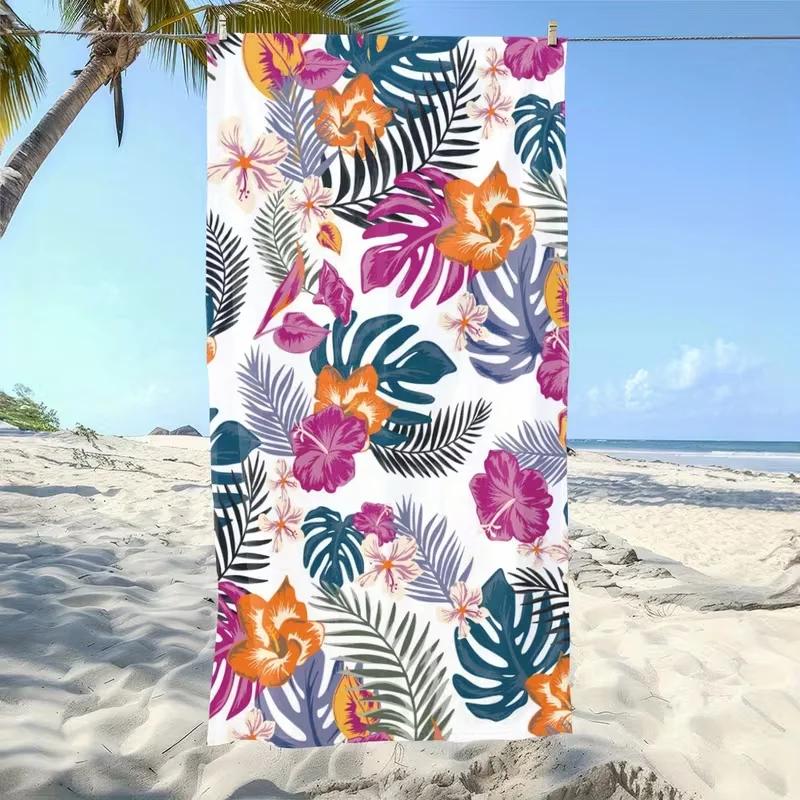 Tropical Hibiscus Monstera Leaf Beach Towel Vibrant Floral Towel Sandproof for Seaside Trip Swimming Camping Daily Use
