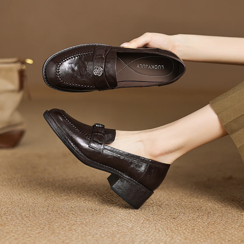 2026 new spring summer women pumps natural leather 22-25.5cm sheepskin+pigskin round toe thick heel loafers women shoes fashion